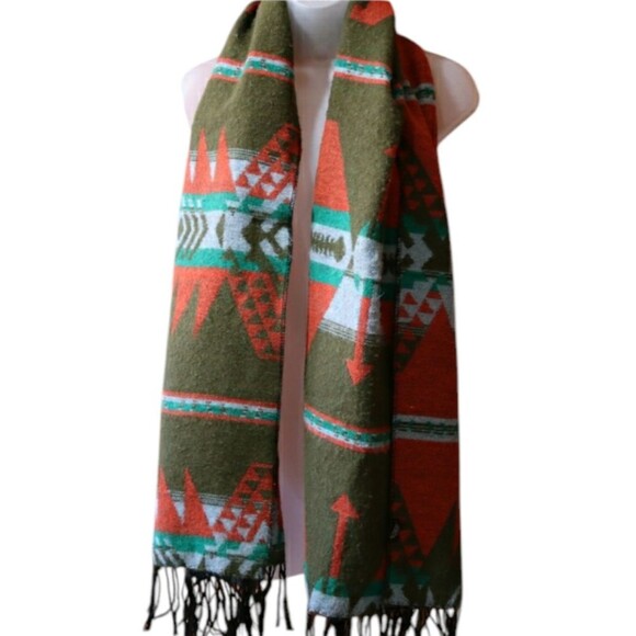 Urban Outfitters Oversized Southwestern Scarf | Olive & Rust Aztec Pattern - Picture 1 of 13